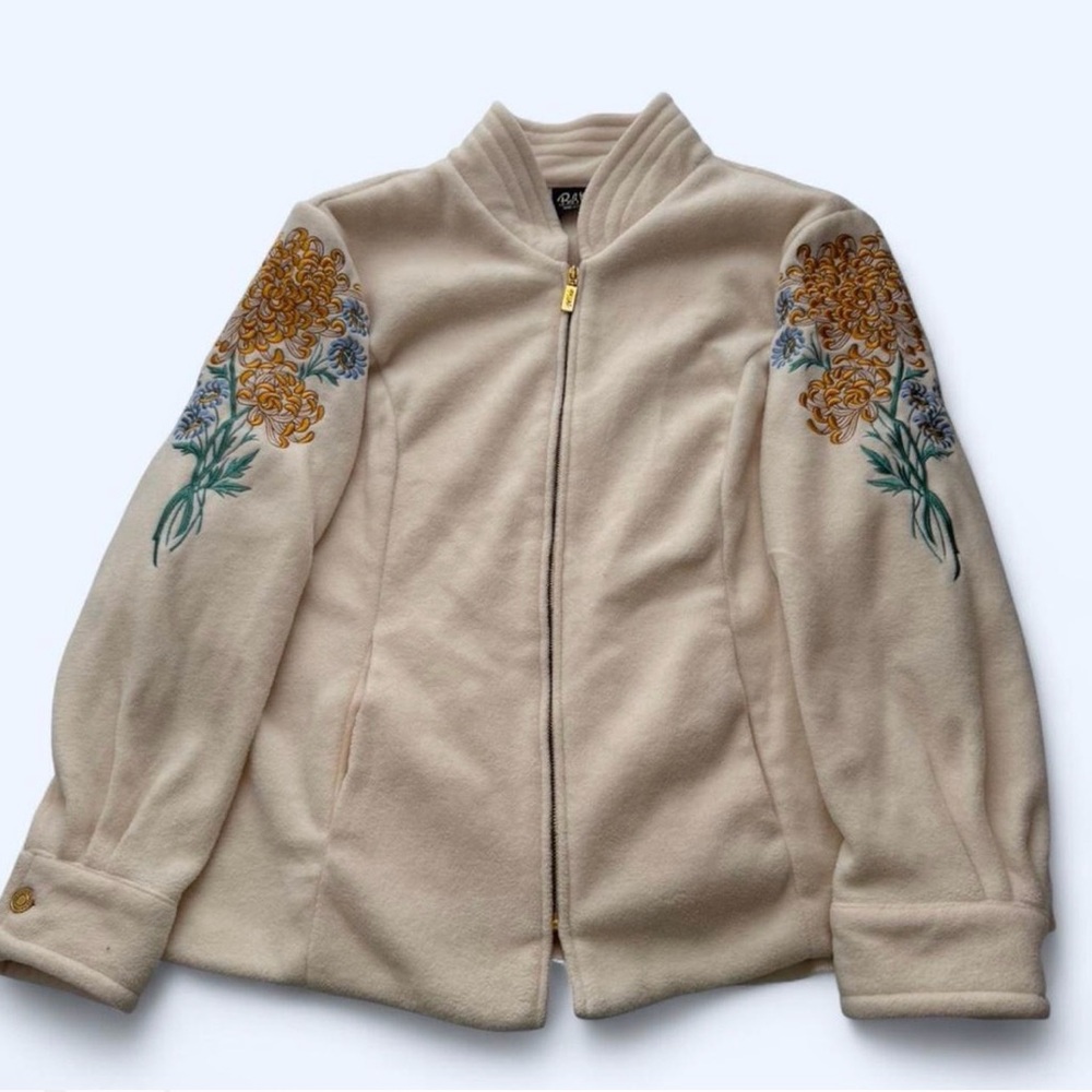 Vintage Bob Mackie Wearable Art Floral Embroidered Zip Fleece Jacket Cream 1X